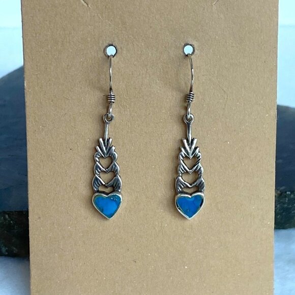 Sterling Silver 925 1.5" Turquoise Cut Out Heart Dangle Earrings - Picture 1 of 16
